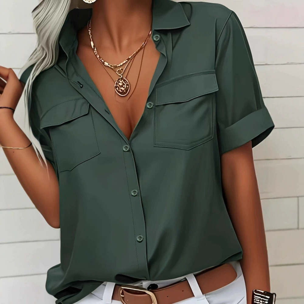 ZARA Womens Spring Summer Round Neck Short Sleeve Pocket Shirt with Lapel